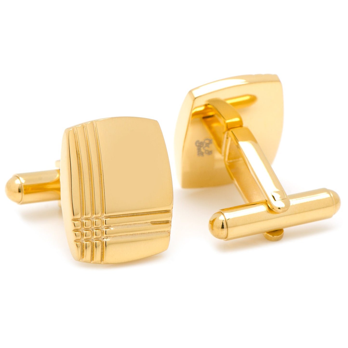 Stainless Steel Gold Tartan Plaid Cufflinks by Cufflinks.com feature a gold-toned, square design with a tartan plaid pattern, shown on a white background.
