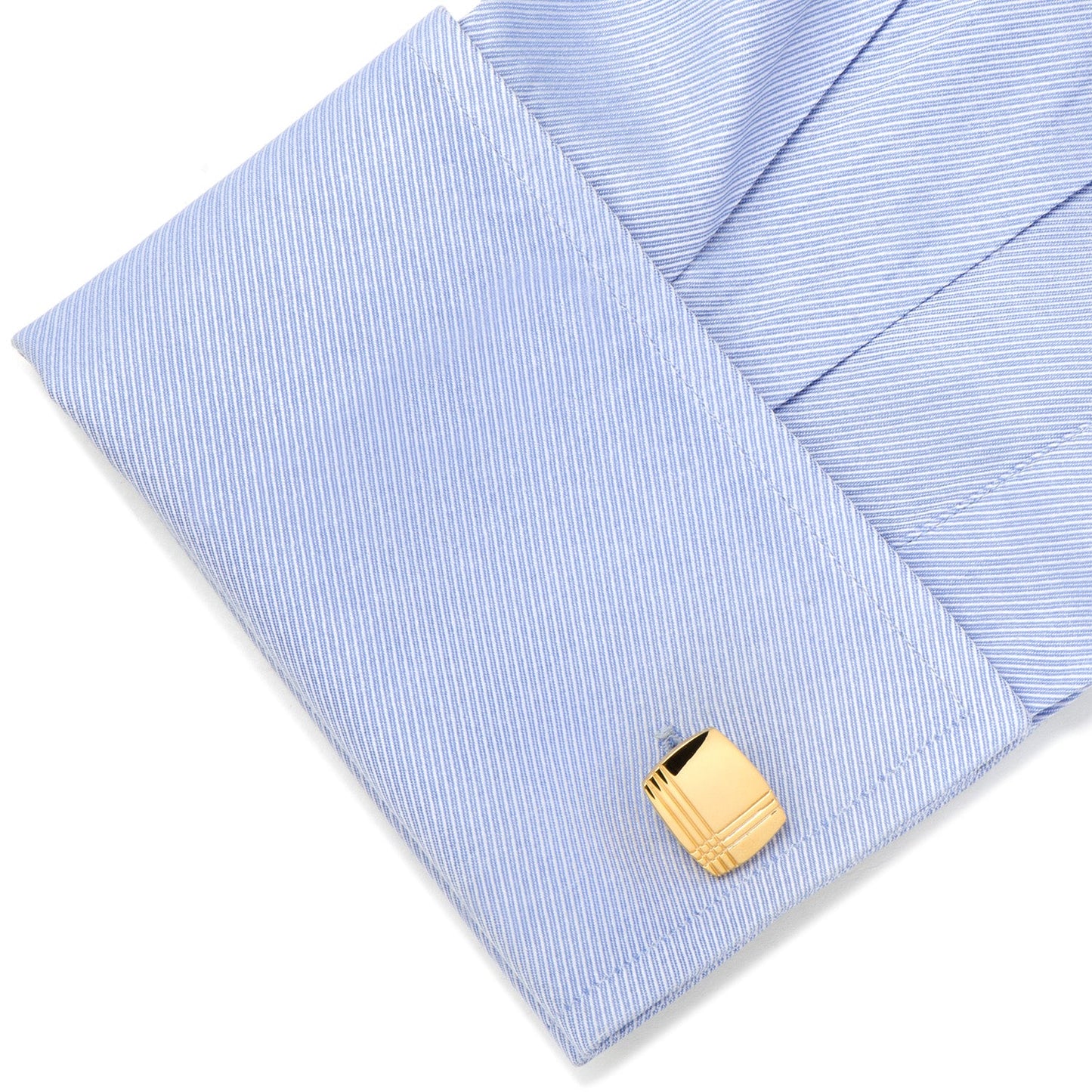 Stainless Steel Gold Tartan Plaid Cufflinks by Cufflinks.com feature a gold-toned, square design with a tartan plaid pattern, shown on a white background.