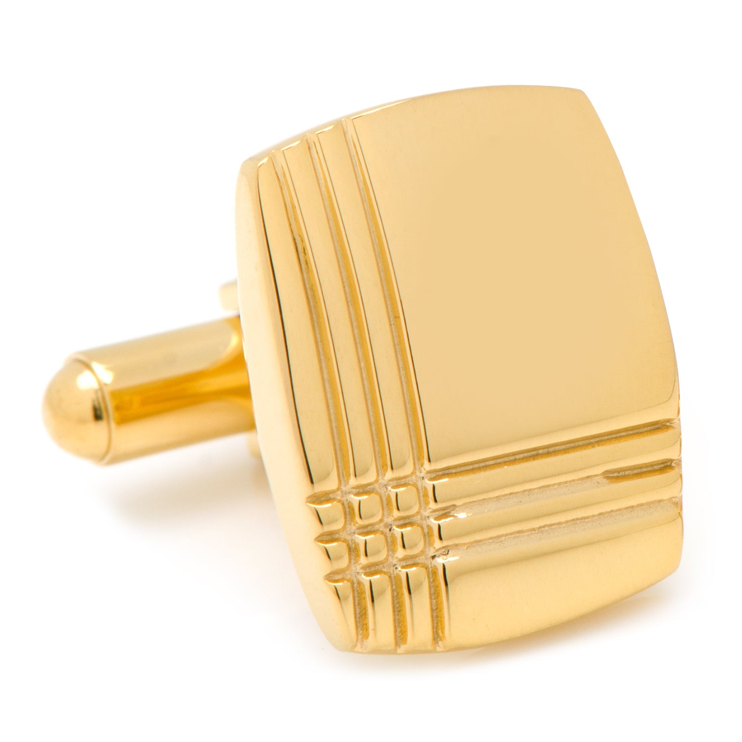 Stainless Steel Gold Tartan Plaid Cufflinks by Cufflinks.com feature a gold-toned, square design with a tartan plaid pattern, shown on a white background.