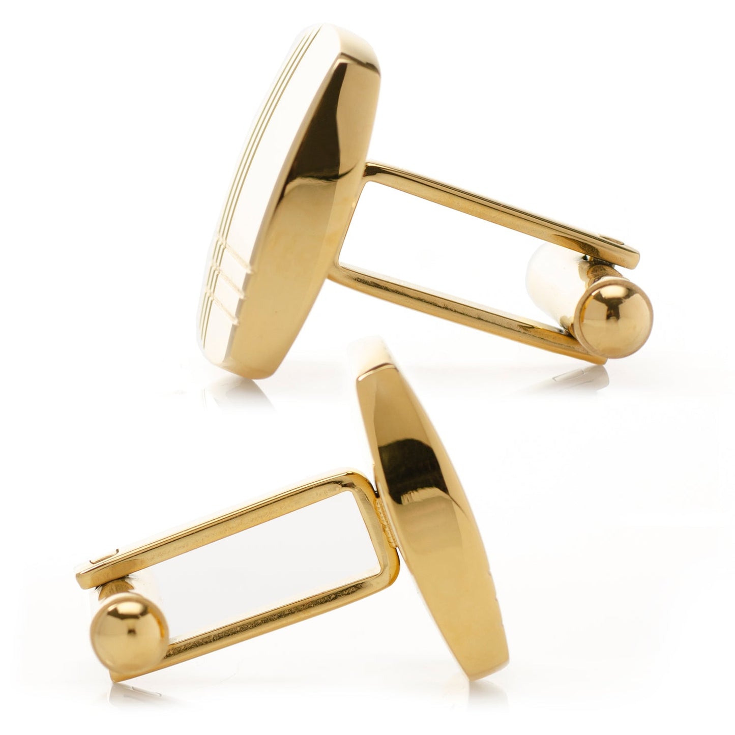 Stainless Steel Gold Tartan Plaid Cufflinks by Cufflinks.com feature a gold-toned, square design with a tartan plaid pattern, shown on a white background.