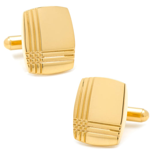Stainless Steel Gold Tartan Plaid Cufflinks by Cufflinks.com feature a gold-toned, square design with a tartan plaid pattern, shown on a white background.