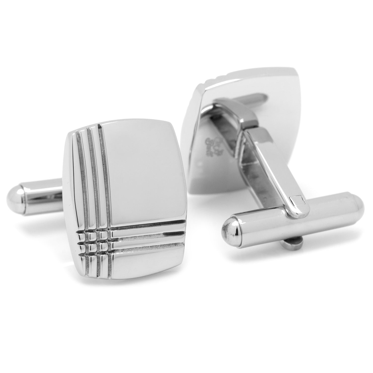 Stainless Steel Tartan Plaid Cufflinks by Cufflinks.com, featuring a square silver design with three parallel engraved lines intersecting near one corner, shown on a white background.
