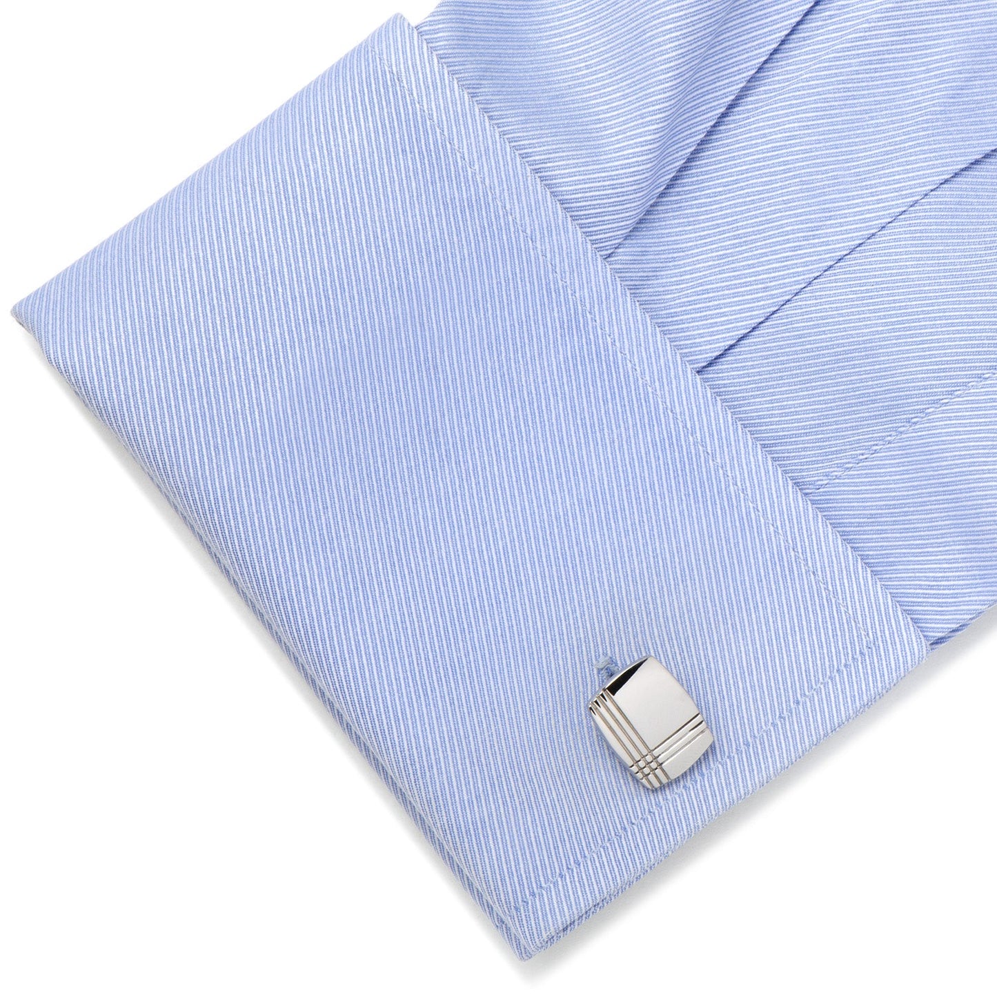 Stainless Steel Tartan Plaid Cufflinks by Cufflinks.com, featuring a square silver design with three parallel engraved lines intersecting near one corner, shown on a white background.