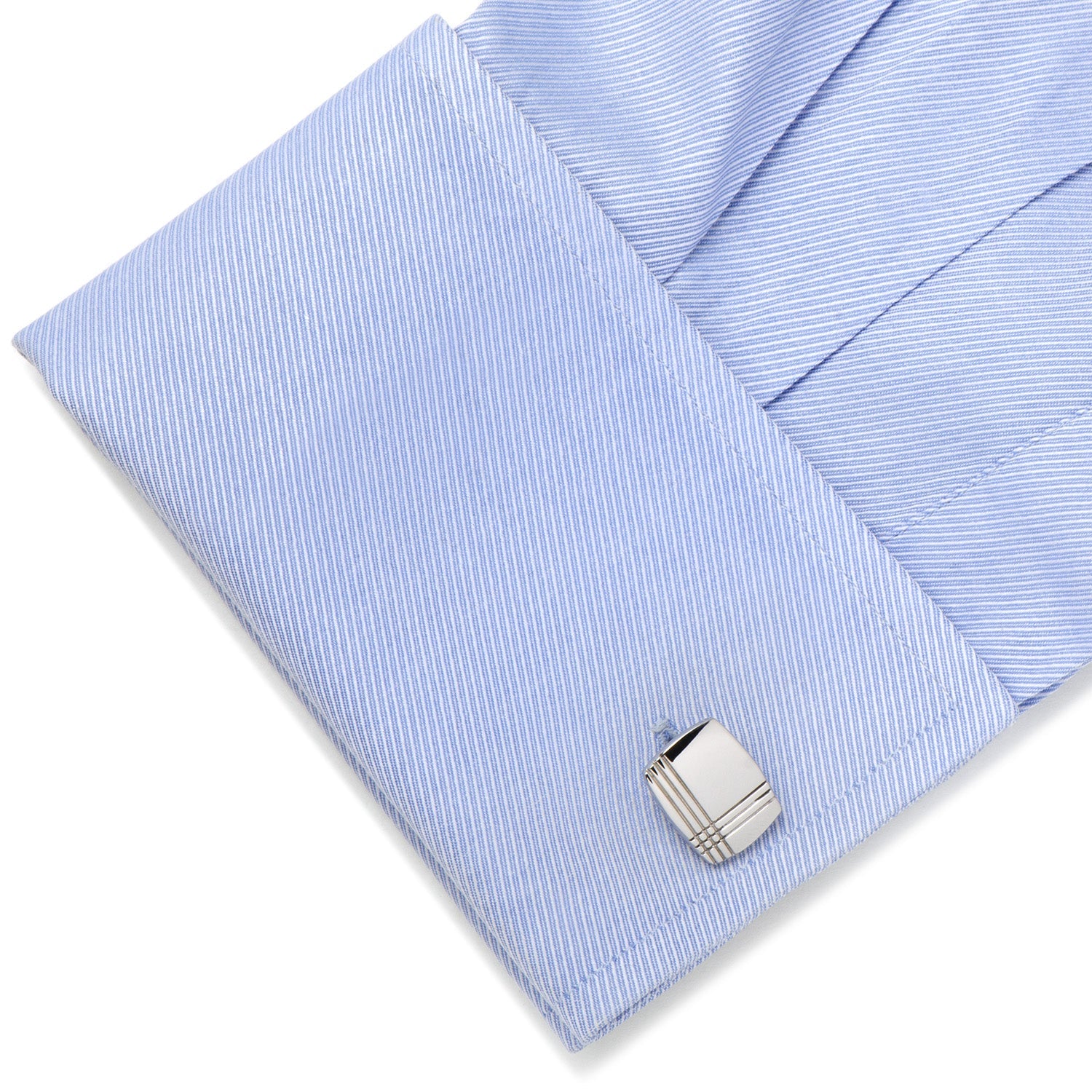 Stainless Steel Tartan Plaid Cufflinks by Cufflinks.com, featuring a square silver design with three parallel engraved lines intersecting near one corner, shown on a white background.