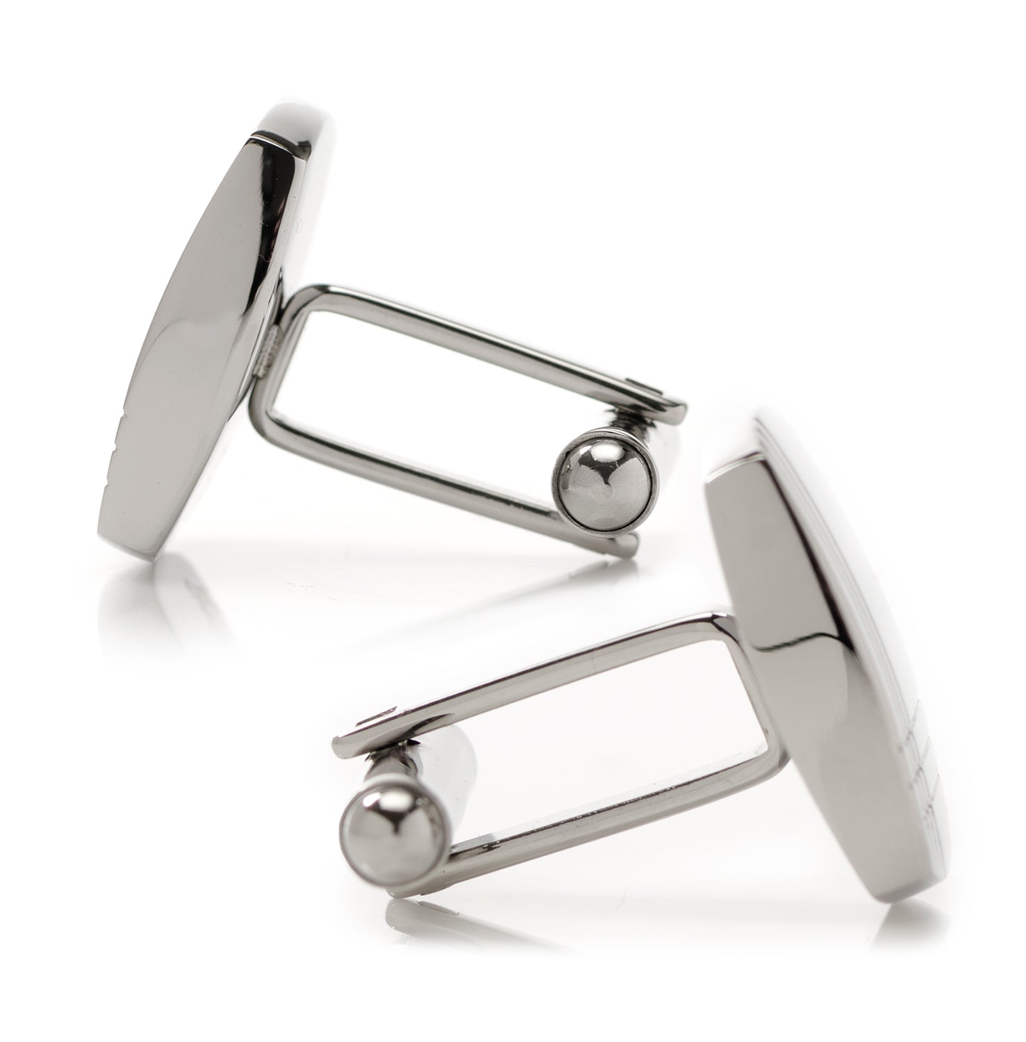 Stainless Steel Tartan Plaid Cufflinks by Cufflinks.com, featuring a square silver design with three parallel engraved lines intersecting near one corner, shown on a white background.