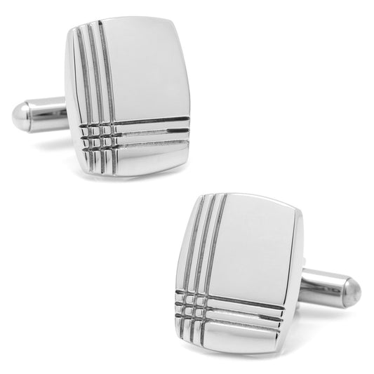 Stainless Steel Tartan Plaid Cufflinks by Cufflinks.com, featuring a square silver design with three parallel engraved lines intersecting near one corner, shown on a white background.