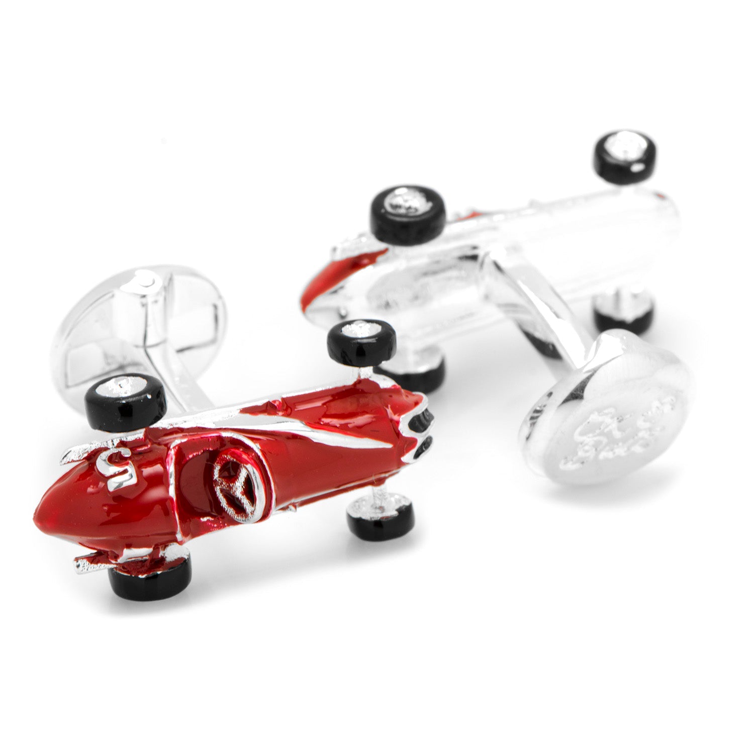 Cufflinks.com Vintage Race Car 3D Cufflinks feature red enamel cars with a number 5, shown at different angles on a white background—ideal accessories for any car enthusiast.