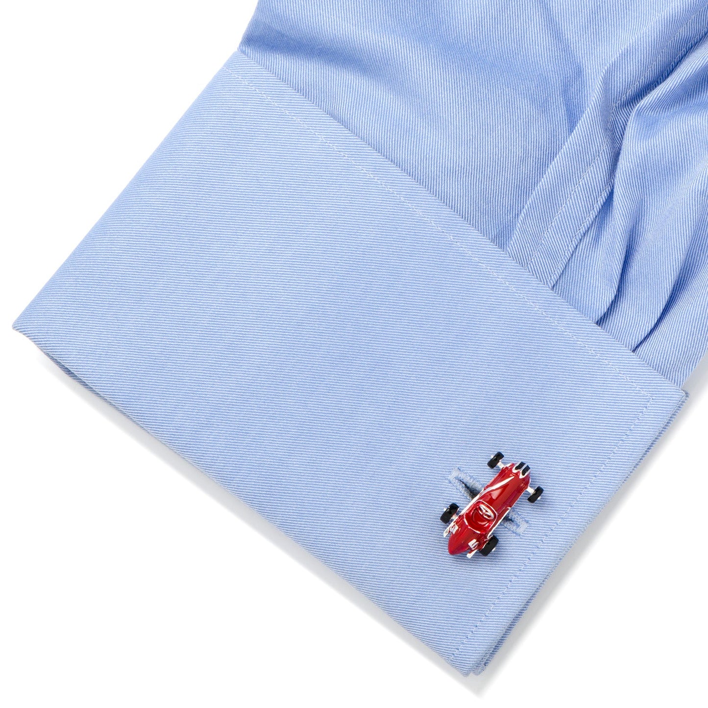 Cufflinks.com Vintage Race Car 3D Cufflinks feature red enamel cars with a number 5, shown at different angles on a white background—ideal accessories for any car enthusiast.