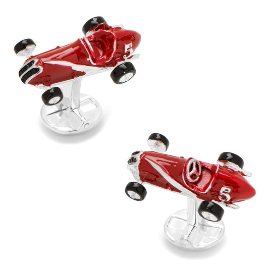 Cufflinks.com Vintage Race Car 3D Cufflinks feature red enamel cars with a number 5, shown at different angles on a white background—ideal accessories for any car enthusiast.
