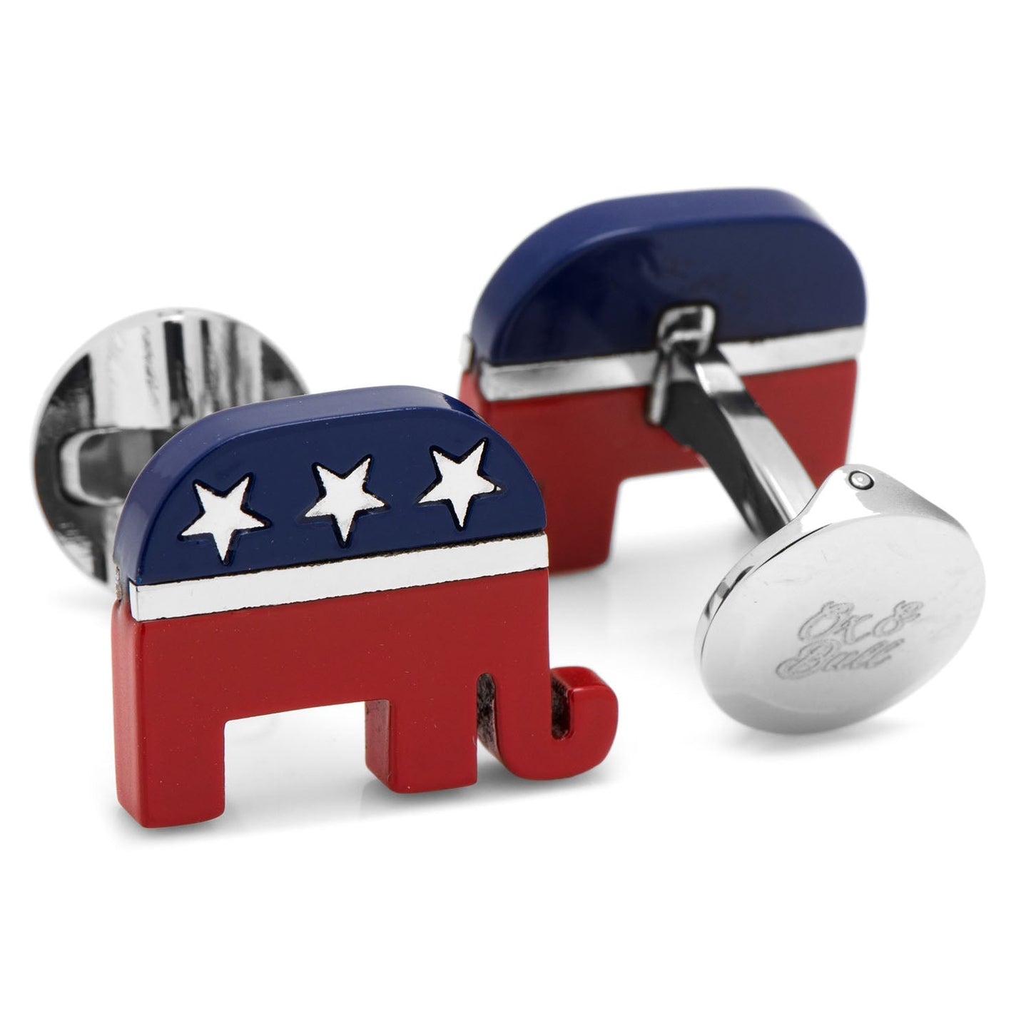 Stainless Steel Republican Elephant Cufflinks by Cufflinks.com feature red elephants with blue and white starred caps, crafted from durable stainless steel—a bold patriotic accessory.