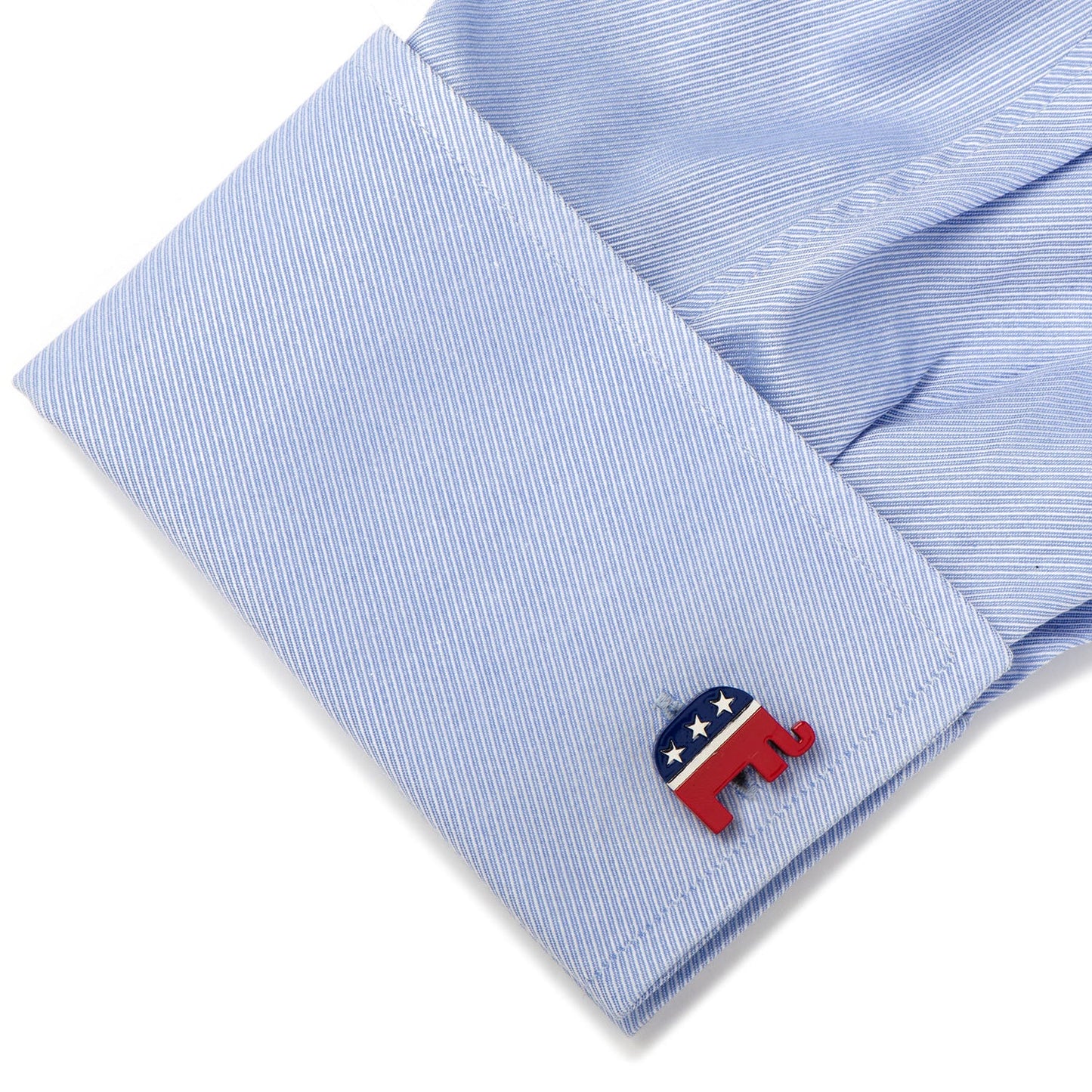 Stainless Steel Republican Elephant Cufflinks by Cufflinks.com feature red elephants with blue and white starred caps, crafted from durable stainless steel—a bold patriotic accessory.