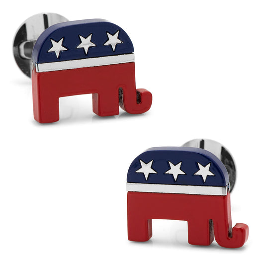 Stainless Steel Republican Elephant Cufflinks by Cufflinks.com feature red elephants with blue and white starred caps, crafted from durable stainless steel—a bold patriotic accessory.