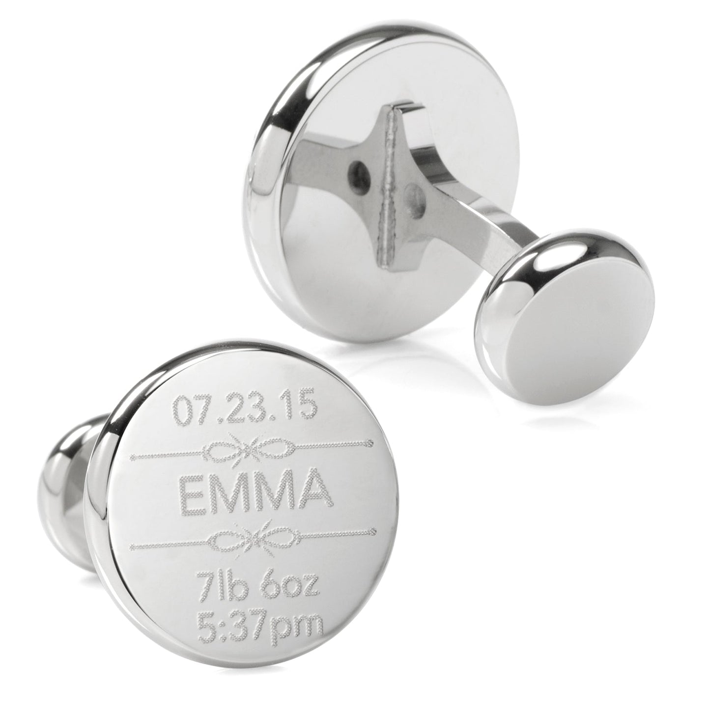 Cufflinks.com Birth Details Custom Photo Engravable Cufflinks: one engraved with baby's birth info and name "Emma," the other with a black and white photo—a thoughtful birth announcement gift.