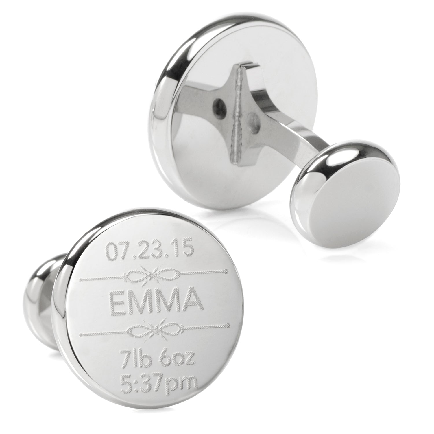 Cufflinks.com Birth Details Custom Photo Engravable Cufflinks: one engraved with baby's birth info and name "Emma," the other with a black and white photo—a thoughtful birth announcement gift.