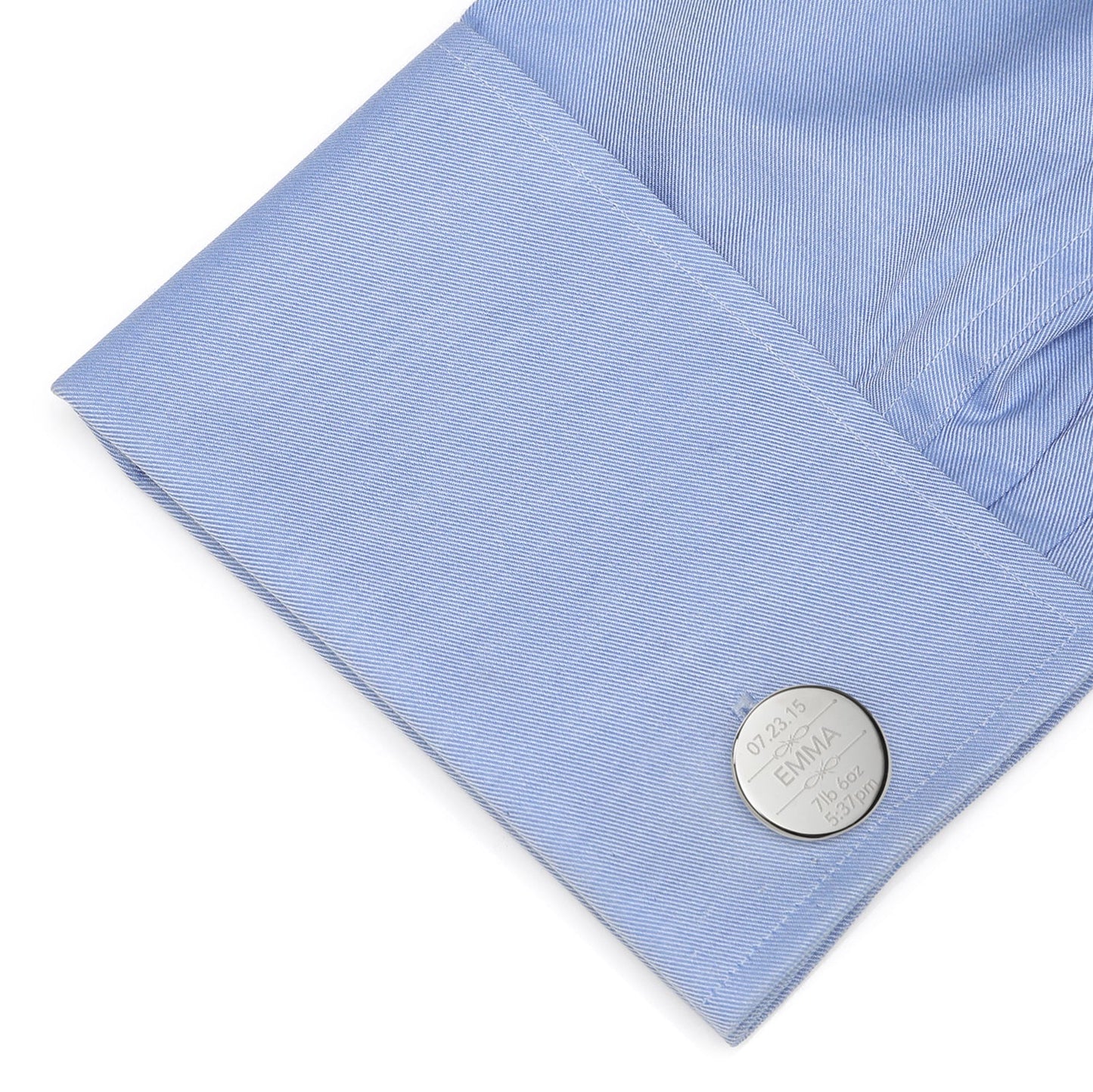 Cufflinks.com Birth Details Custom Photo Engravable Cufflinks: one engraved with baby's birth info and name "Emma," the other with a black and white photo—a thoughtful birth announcement gift.