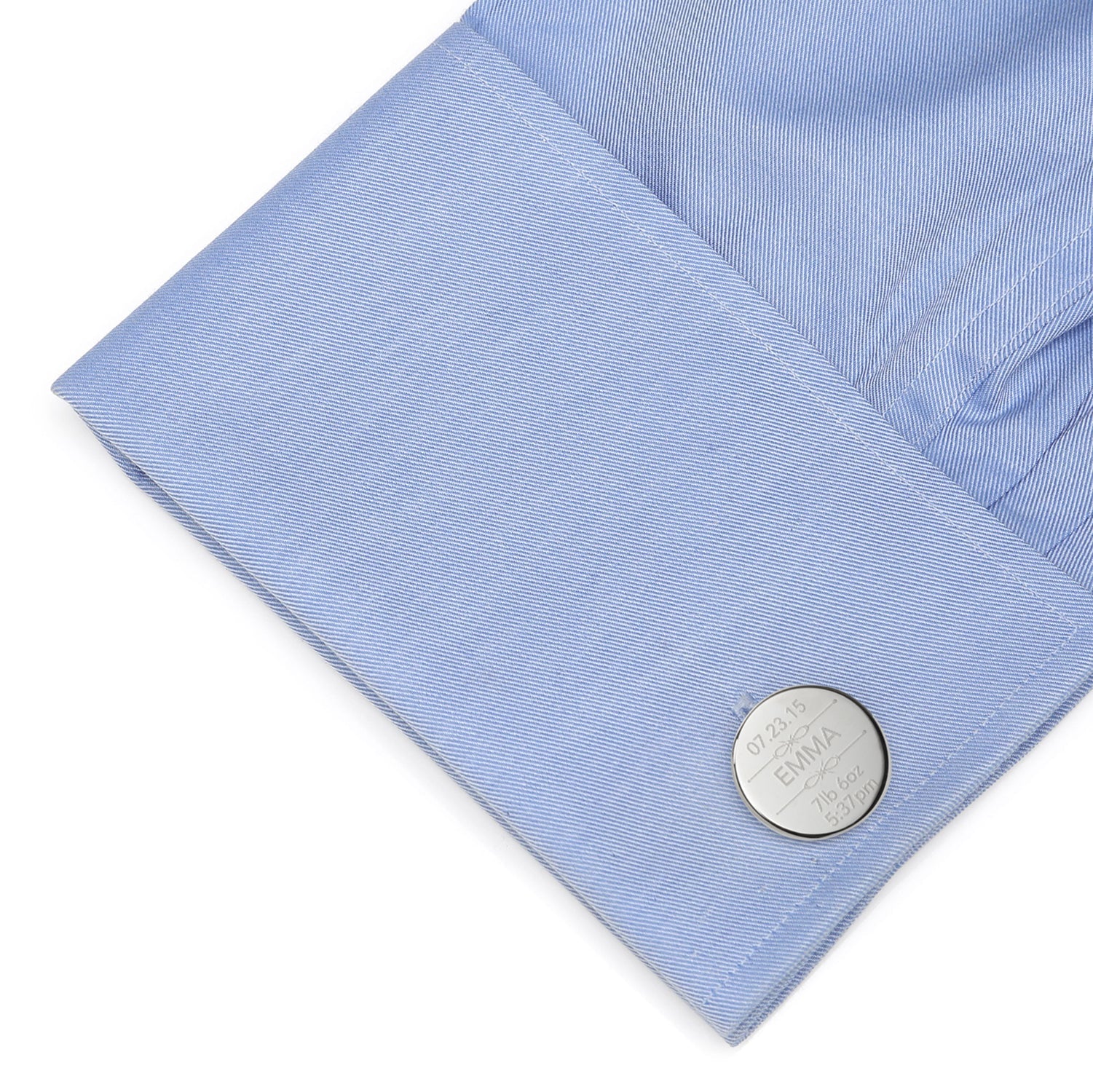 Cufflinks.com Birth Details Custom Photo Engravable Cufflinks: one engraved with baby's birth info and name "Emma," the other with a black and white photo—a thoughtful birth announcement gift.