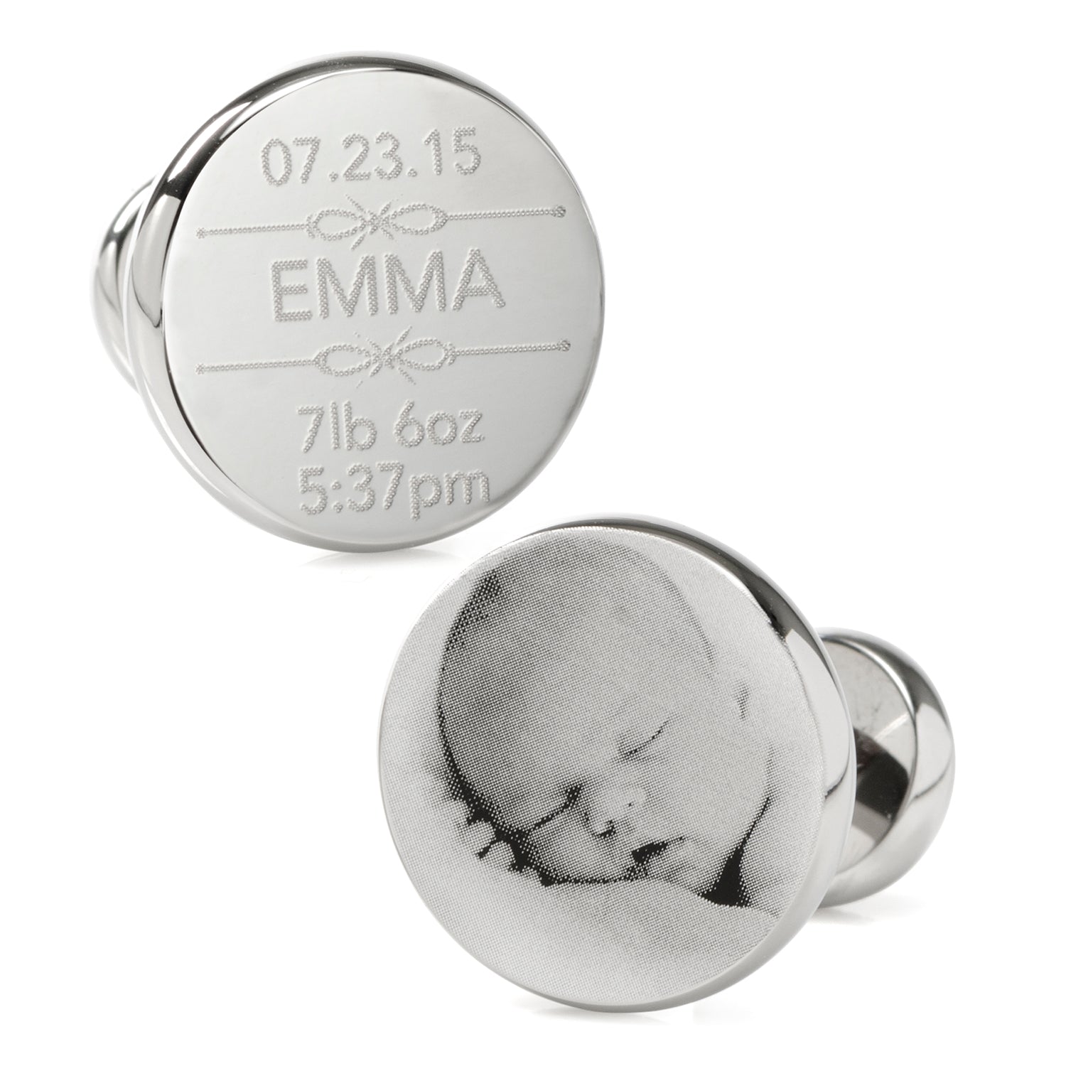 Cufflinks.com Birth Details Custom Photo Engravable Cufflinks: one engraved with baby's birth info and name "Emma," the other with a black and white photo—a thoughtful birth announcement gift.