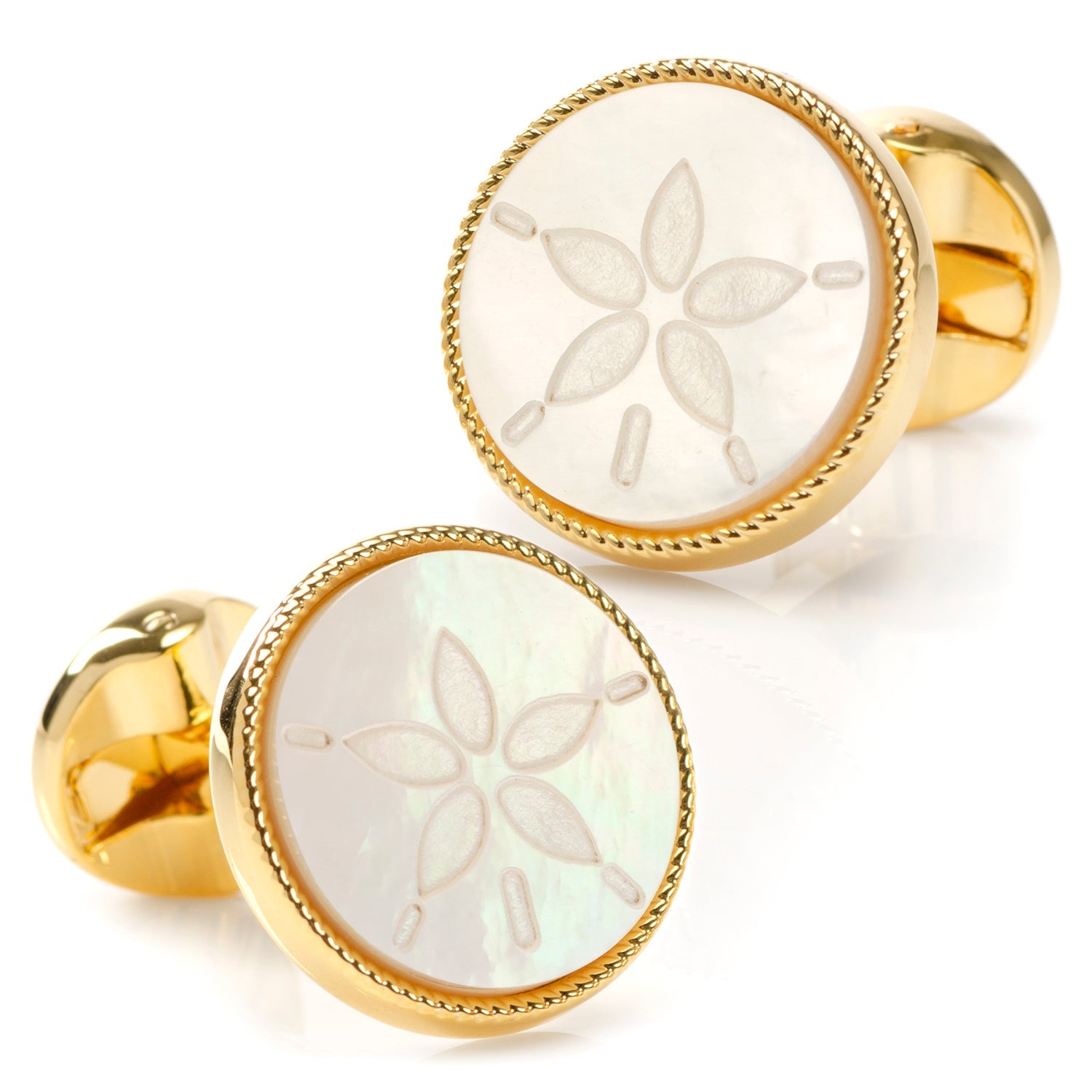 The Sand Dollar Cufflinks by Cufflinks.com feature round mother-of-pearl faces, each intricately engraved with a sand dollar design.