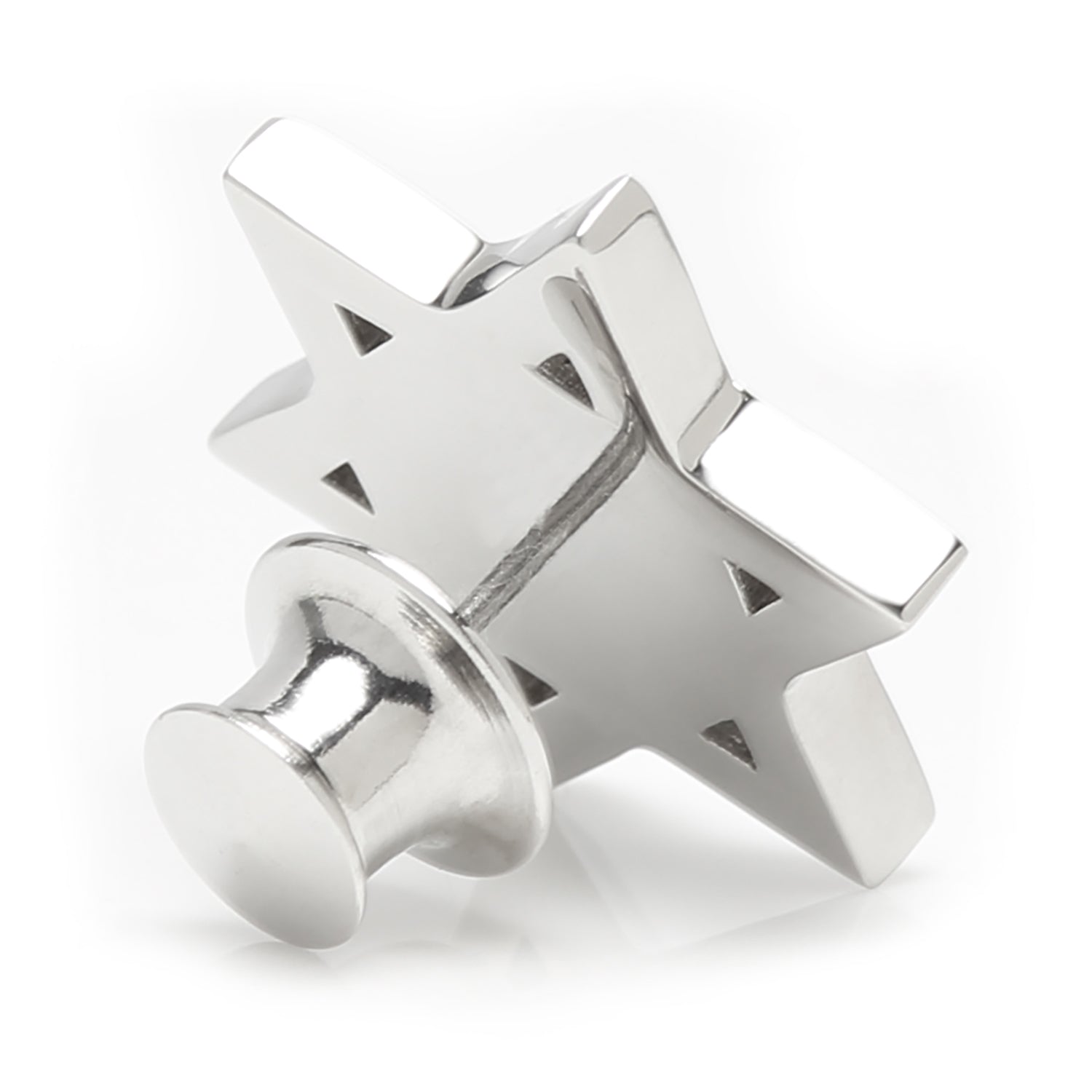 The Star of David Stainless Steel Lapel Pin by Cufflinks.com features interlocking triangles and a textured background, making it a stylish formal accessory.