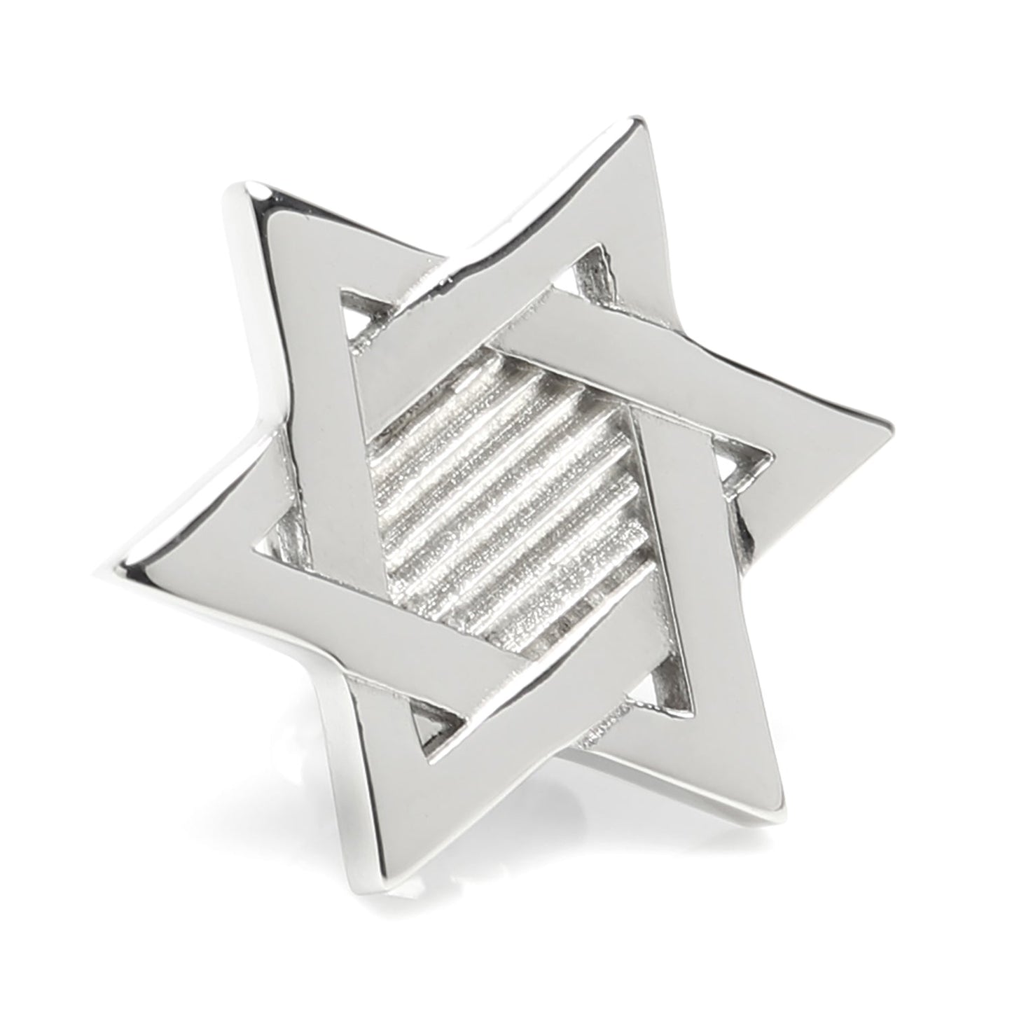 The Star of David Stainless Steel Lapel Pin by Cufflinks.com features interlocking triangles and a textured background, making it a stylish formal accessory.