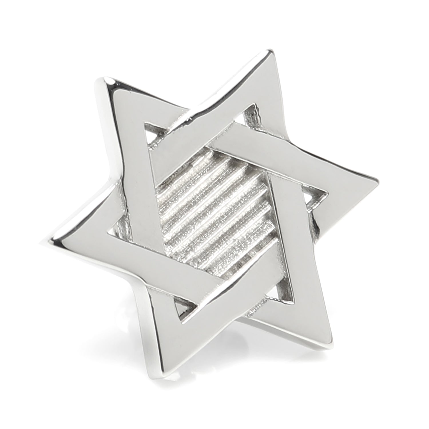 The Star of David Stainless Steel Lapel Pin by Cufflinks.com features interlocking triangles and a textured background, making it a stylish formal accessory.