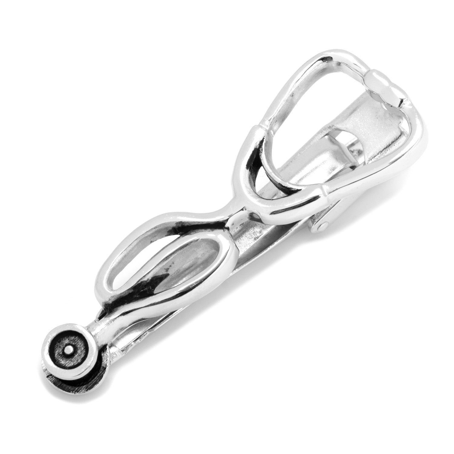 The Cufflinks.com Stethoscope 3D Tie Clip features a detailed stethoscope design, making it a unique gift for doctors or anyone who appreciates creative accessories, shown on a white background.