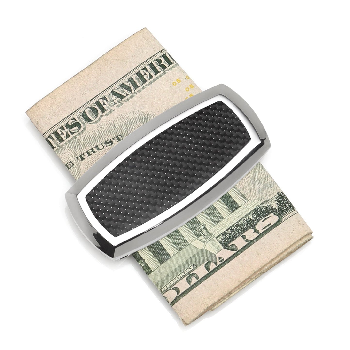 The Cufflinks.com Stainless Steel Inlaid Black Carbon Fiber Money Clip features a rectangular silver design with a textured black center, shown on a white background.