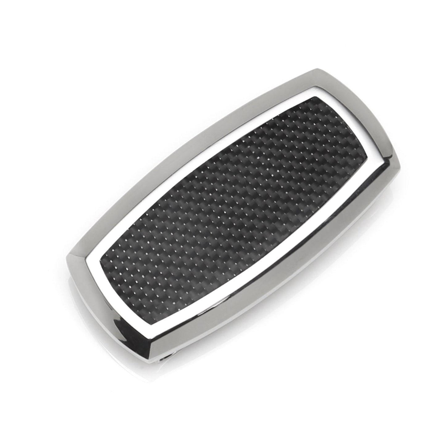 The Cufflinks.com Stainless Steel Inlaid Black Carbon Fiber Money Clip features a rectangular silver design with a textured black center, shown on a white background.