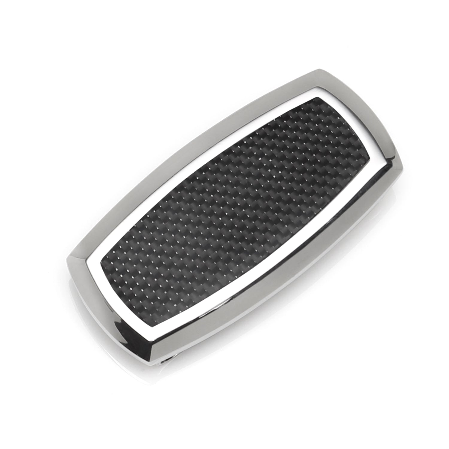 The Cufflinks.com Stainless Steel Inlaid Black Carbon Fiber Money Clip features a rectangular silver design with a textured black center, shown on a white background.