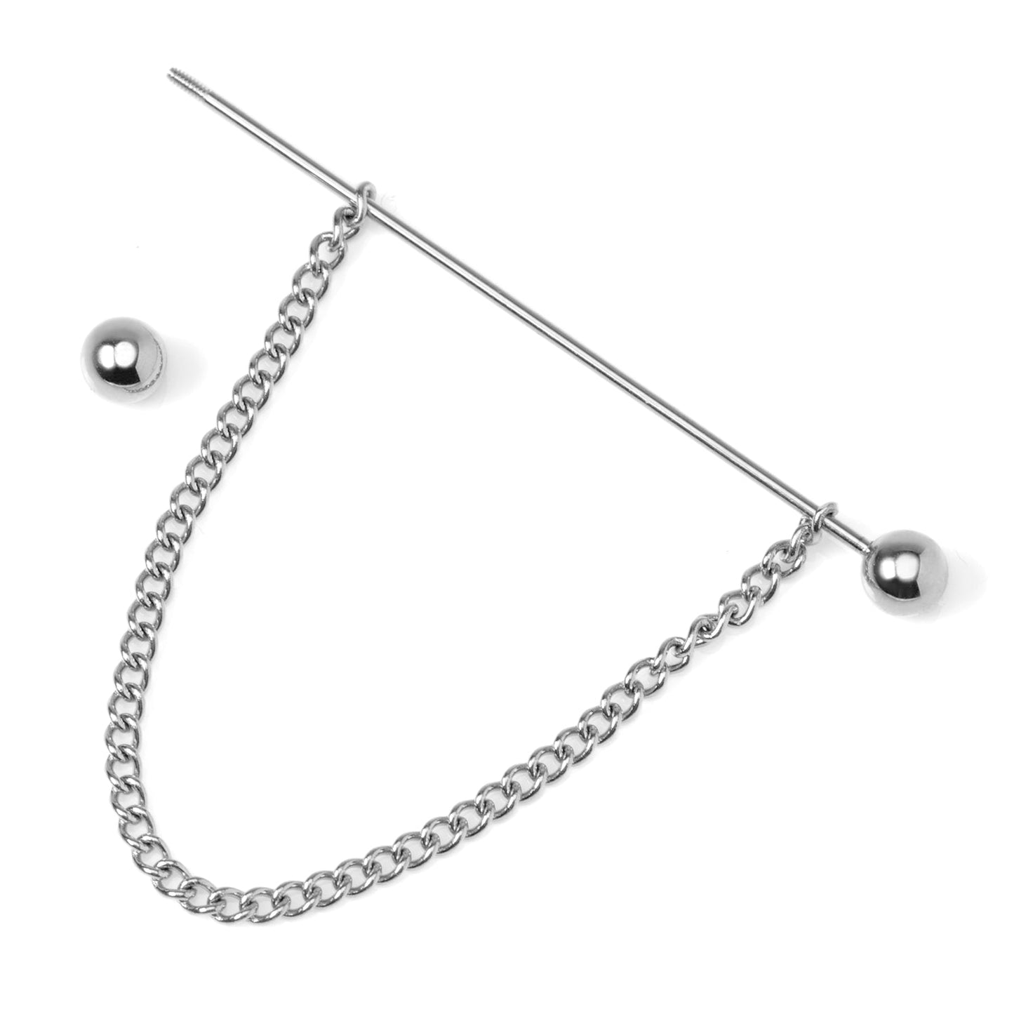 The Cufflinks.com Stainless Steel Chain Collar Bar features a silver finish with end balls and a chain, creating an elegant curve for a polished, formal touch to any outfit. Made from durable stainless steel.