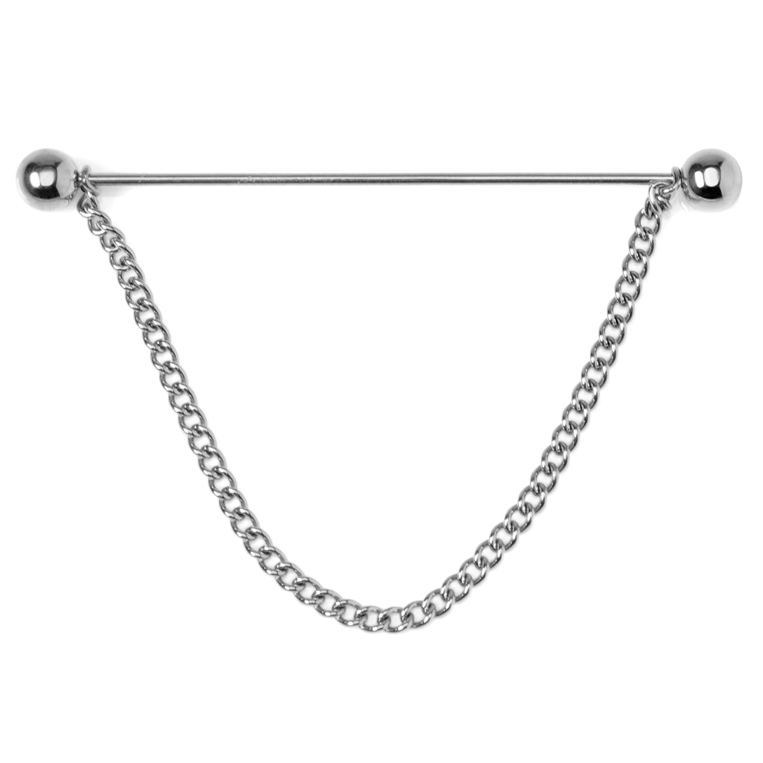 The Cufflinks.com Stainless Steel Chain Collar Bar features a silver finish with end balls and a chain, creating an elegant curve for a polished, formal touch to any outfit. Made from durable stainless steel.