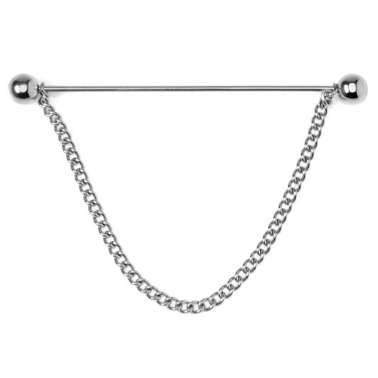 The Cufflinks.com Stainless Steel Chain Collar Bar features a silver finish with end balls and a chain, creating an elegant curve for a polished, formal touch to any outfit. Made from durable stainless steel.