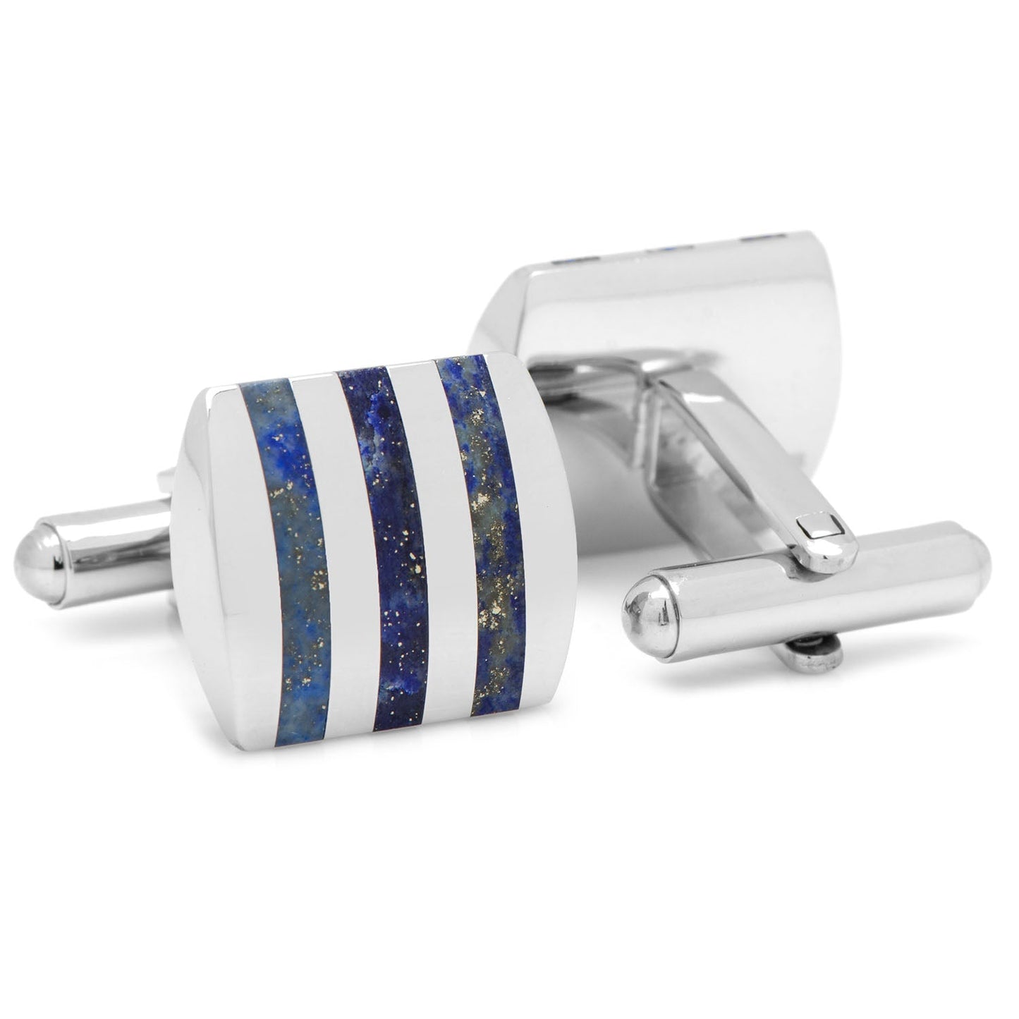 Cufflinks.com Stainless Steel Striped Lapis Cufflinks showcase three blue lapis inlays separated by metal stripes, crafted from stainless steel and displayed from multiple angles on a white background.
