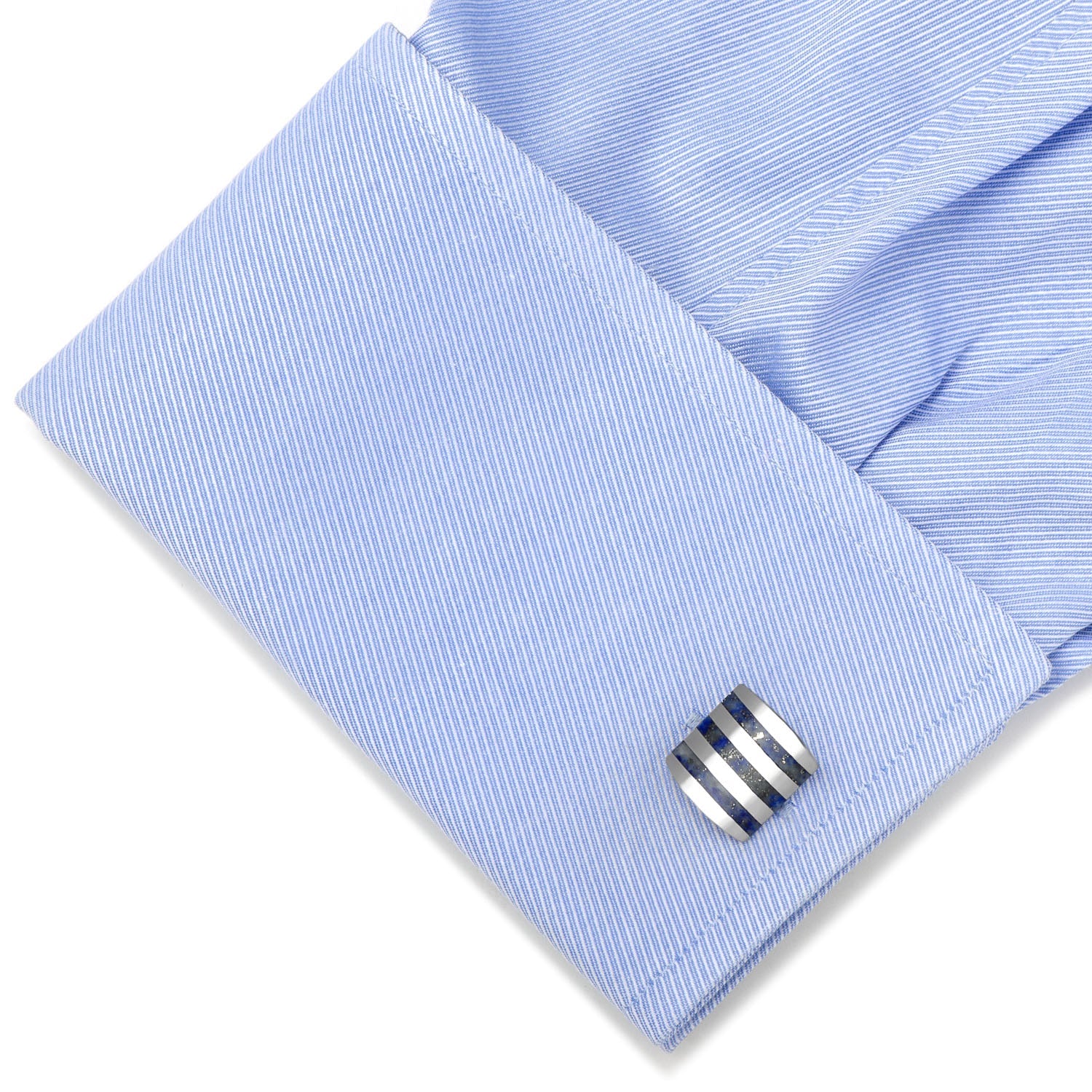 Cufflinks.com Stainless Steel Striped Lapis Cufflinks showcase three blue lapis inlays separated by metal stripes, crafted from stainless steel and displayed from multiple angles on a white background.