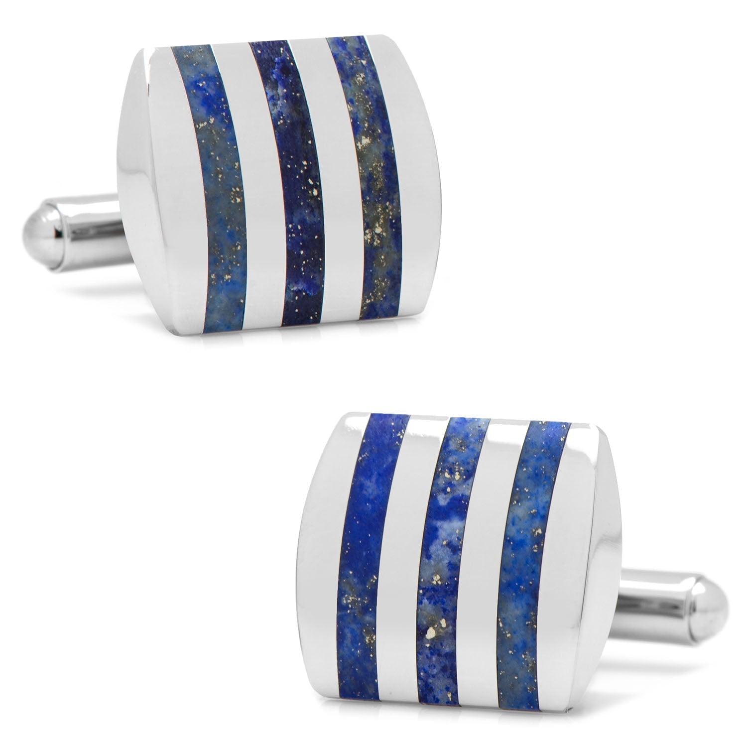 Cufflinks.com Stainless Steel Striped Lapis Cufflinks showcase three blue lapis inlays separated by metal stripes, crafted from stainless steel and displayed from multiple angles on a white background.