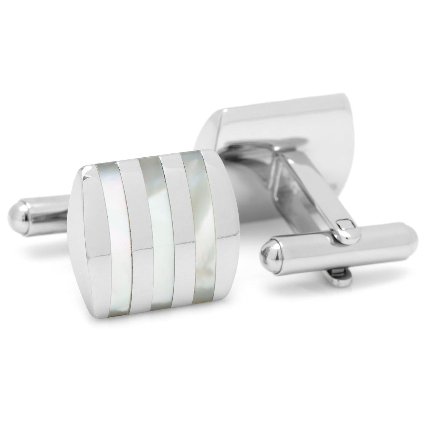The Cufflinks.com Stainless Steel Striped Mother of Pearl Cufflinks feature rectangular faces with alternating shiny metal and iridescent inlay, ideal for anyone seeking refined mother of pearl cufflinks.