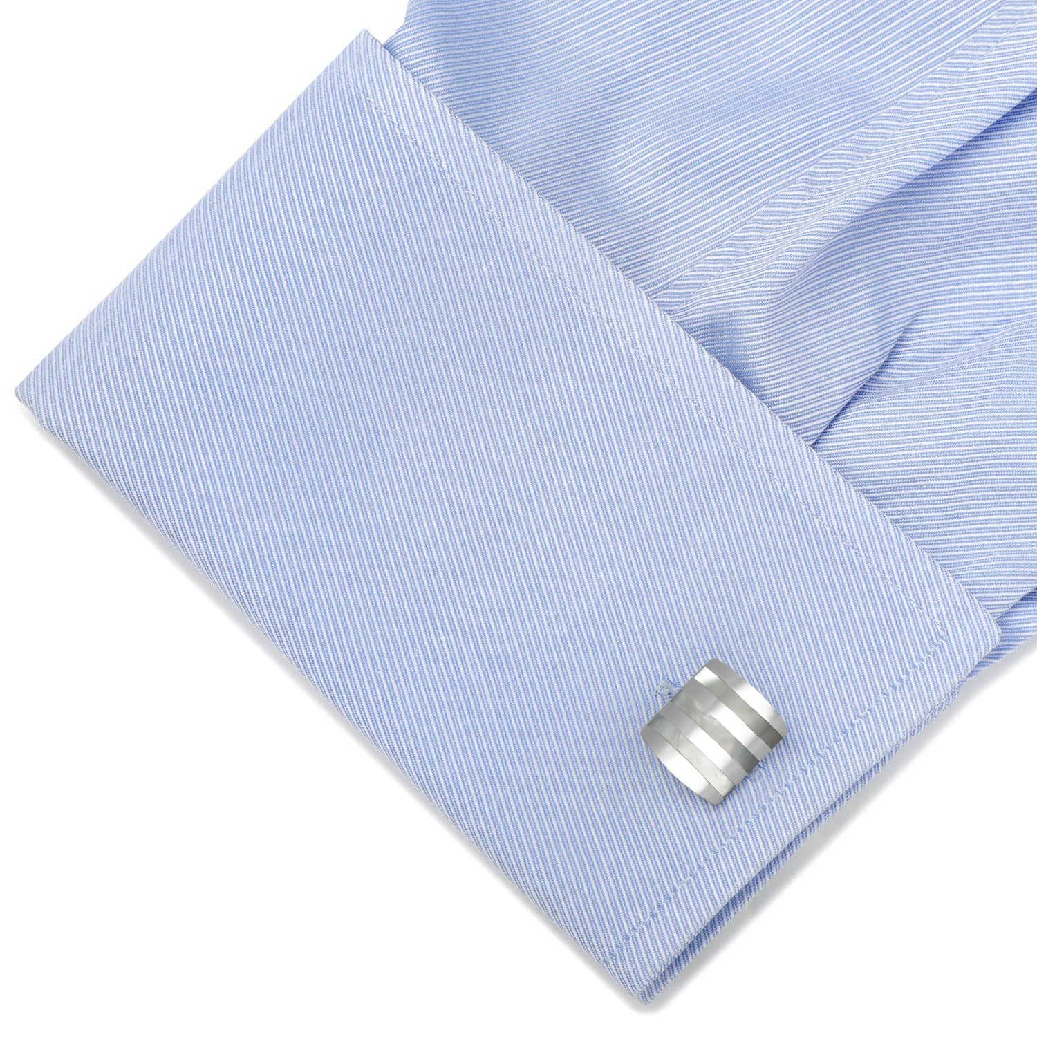 The Cufflinks.com Stainless Steel Striped Mother of Pearl Cufflinks feature rectangular faces with alternating shiny metal and iridescent inlay, ideal for anyone seeking refined mother of pearl cufflinks.