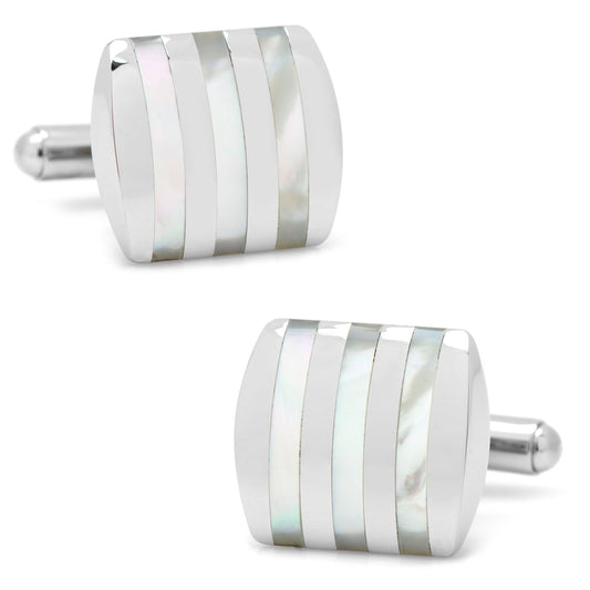 Cufflinks.com Stainless Steel Striped Mother of Pearl Cufflinks feature a rectangular design with alternating metal and mother-of-pearl inlaid stripes, elegantly presented in a gift box.