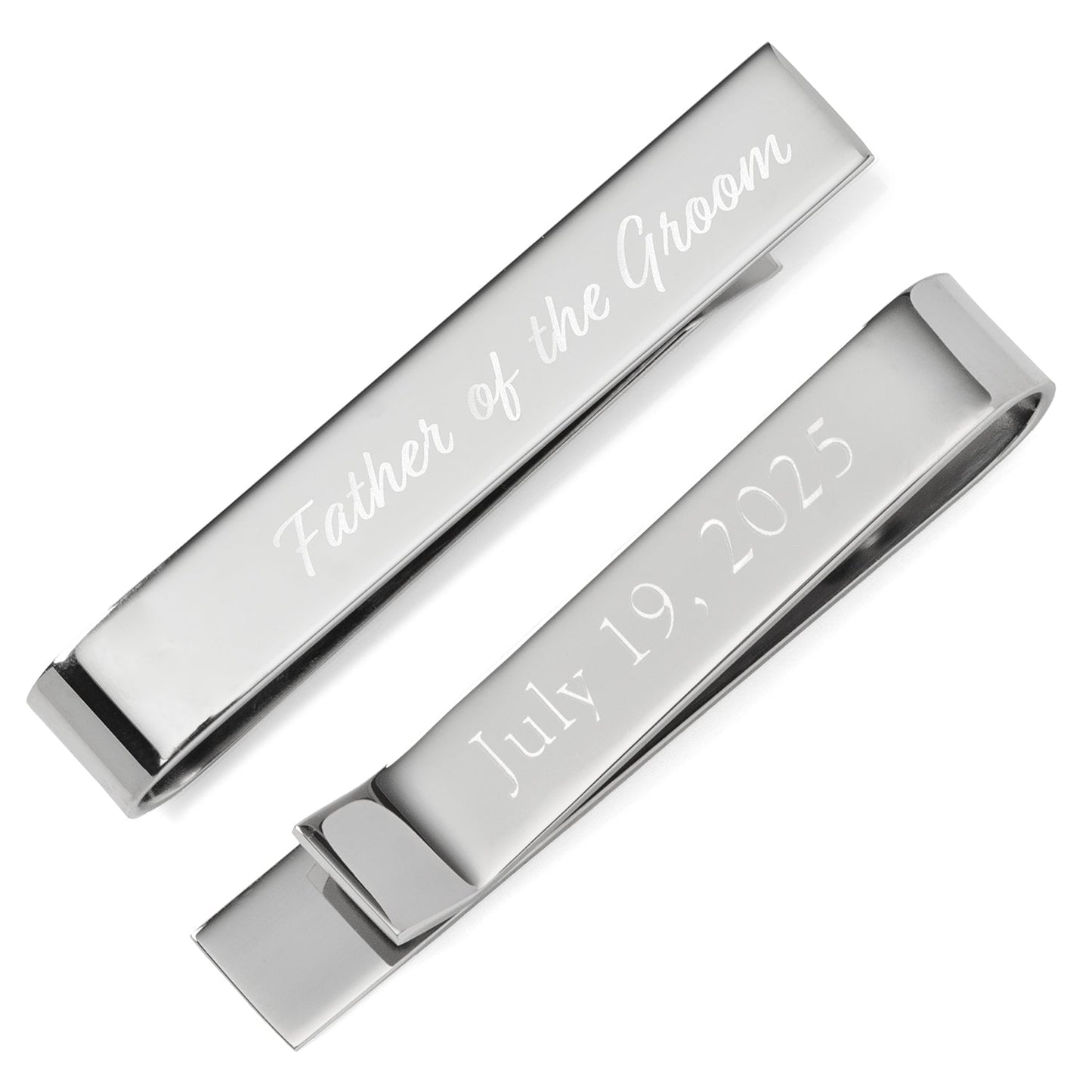The Cufflinks.com Wedding Title Engravable Tie Bar, personalized with “Father of the Bride” and “March 15, 2025,” makes a thoughtful groomsmen gift or keepsake for your wedding day.