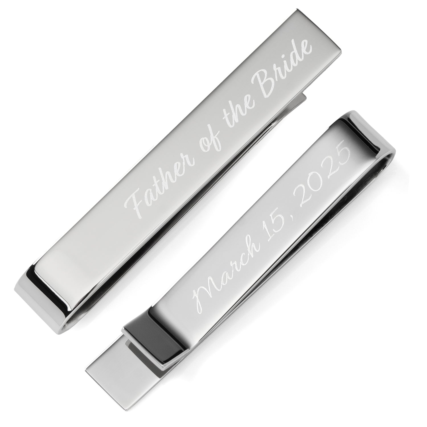 The Cufflinks.com Wedding Title Engravable Tie Bar, personalized with “Father of the Bride” and “March 15, 2025,” makes a thoughtful groomsmen gift or keepsake for your wedding day.