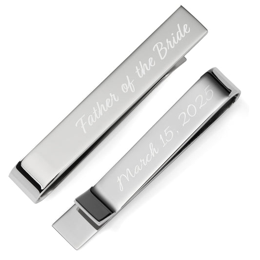 The Cufflinks.com Wedding Title Engravable Tie Bar, personalized with “Father of the Bride” and “March 15, 2025,” makes a thoughtful groomsmen gift or keepsake for your wedding day.
