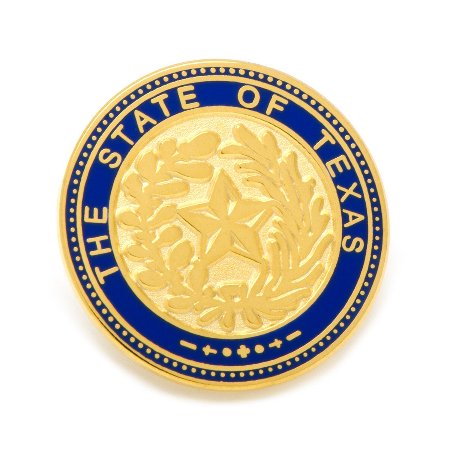 The State of Texas Seal Lapel Pin by Cufflinks.com is gold plated with a blue border, displaying “The State of Texas” and a central star framed by laurel and oak branches—a classic accessory for any Texan.