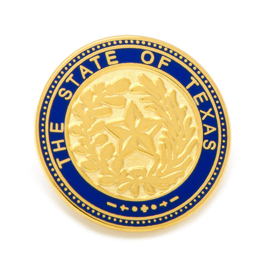 The State of Texas Seal Lapel Pin by Cufflinks.com is gold plated with a blue border, displaying “The State of Texas” and a central star framed by laurel and oak branches—a classic accessory for any Texan.