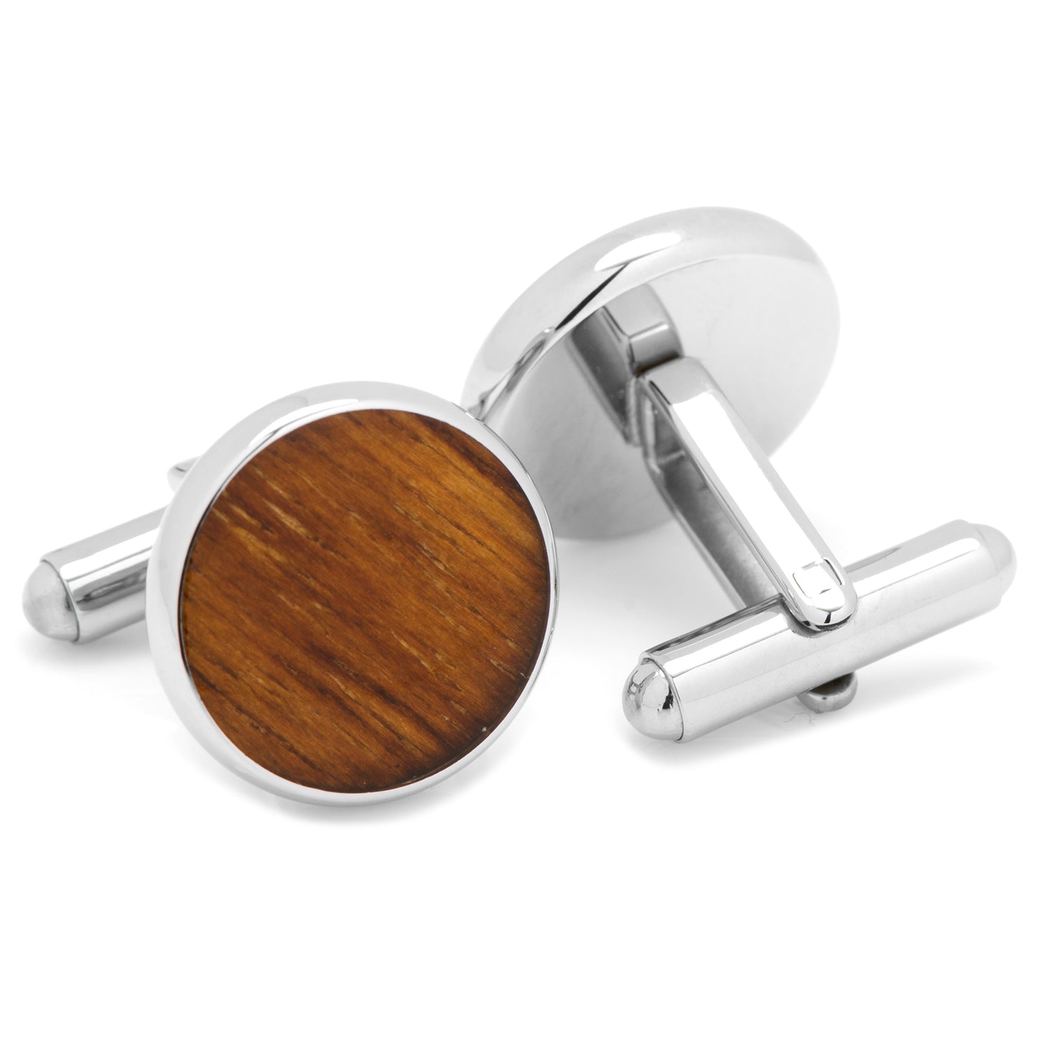 Cufflinks.com Stainless Steel Wood Cufflinks feature round wooden inlays, polished silver-toned rims, and bullet back closures. Shown on a white background.