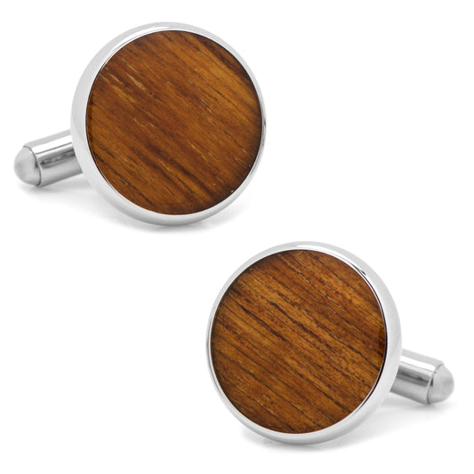 Cufflinks.com Stainless Steel Wood Cufflinks feature round wooden inlays, polished silver-toned rims, and bullet back closures. Shown on a white background.