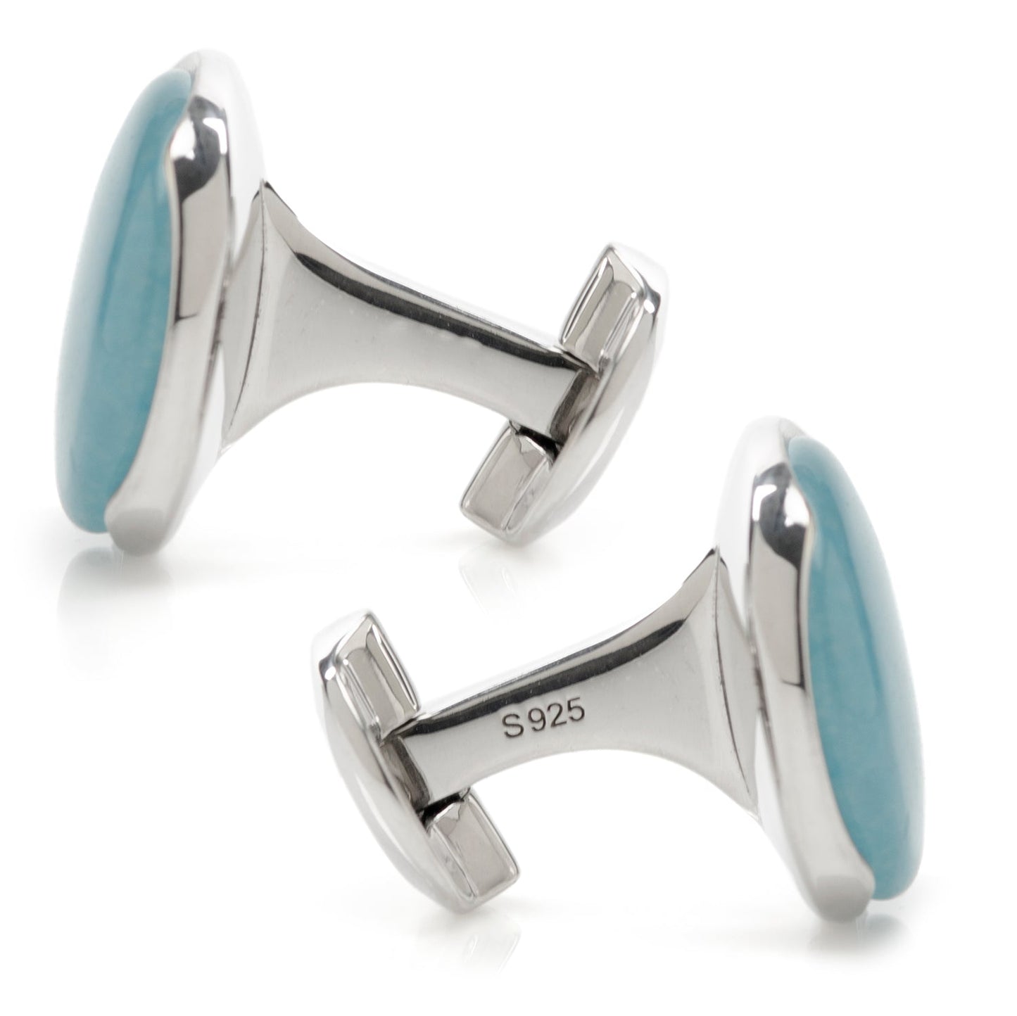 The Sterling Silver Classic Formal Aquamarine Jade Cufflinks from Cufflinks.com showcase light blue aquamarine jade gems set in sterling silver.