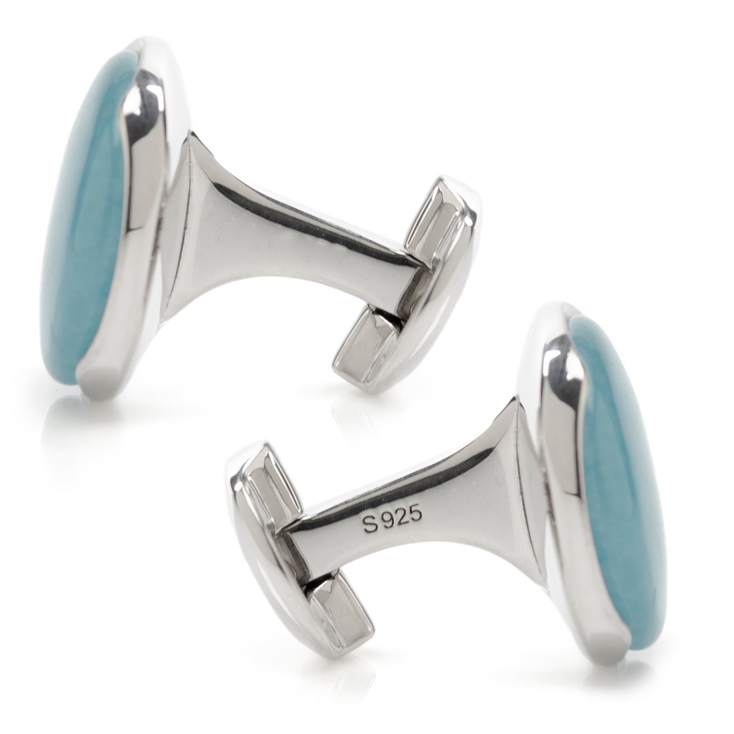 The Sterling Silver Classic Formal Aquamarine Jade Cufflinks from Cufflinks.com showcase light blue aquamarine jade gems set in sterling silver.