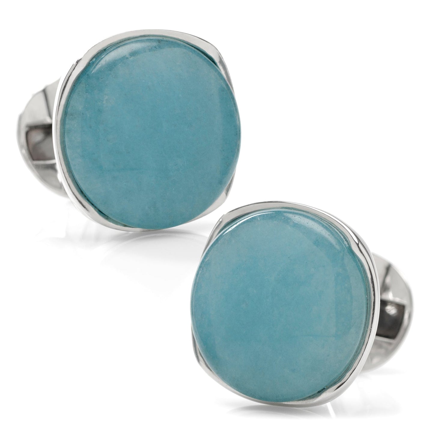 The Sterling Silver Classic Formal Aquamarine Jade Cufflinks from Cufflinks.com showcase light blue aquamarine jade gems set in sterling silver.