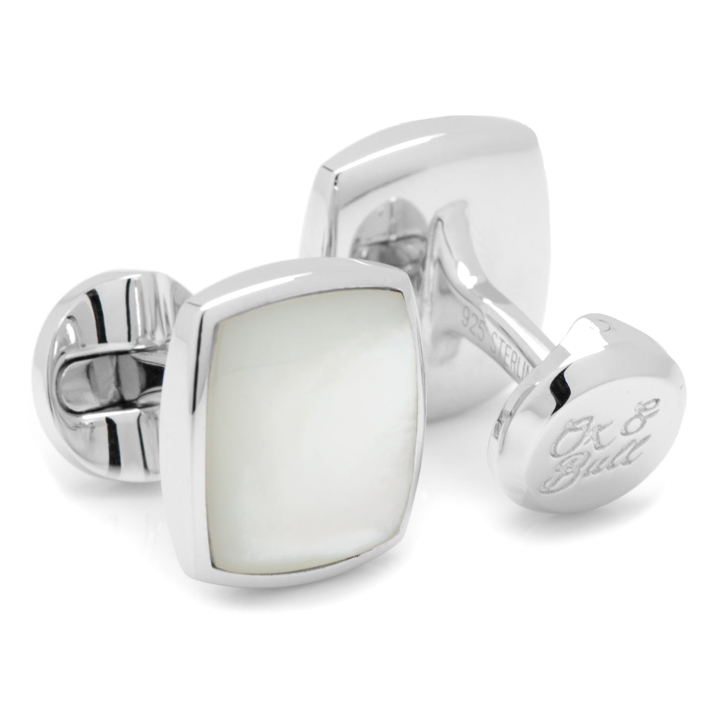 Sterling Silver Classic Cushion Mother of Pearl Cufflinks by Cufflinks.com, featuring white mother-of-pearl inlays and silver borders, displayed on a white background.
