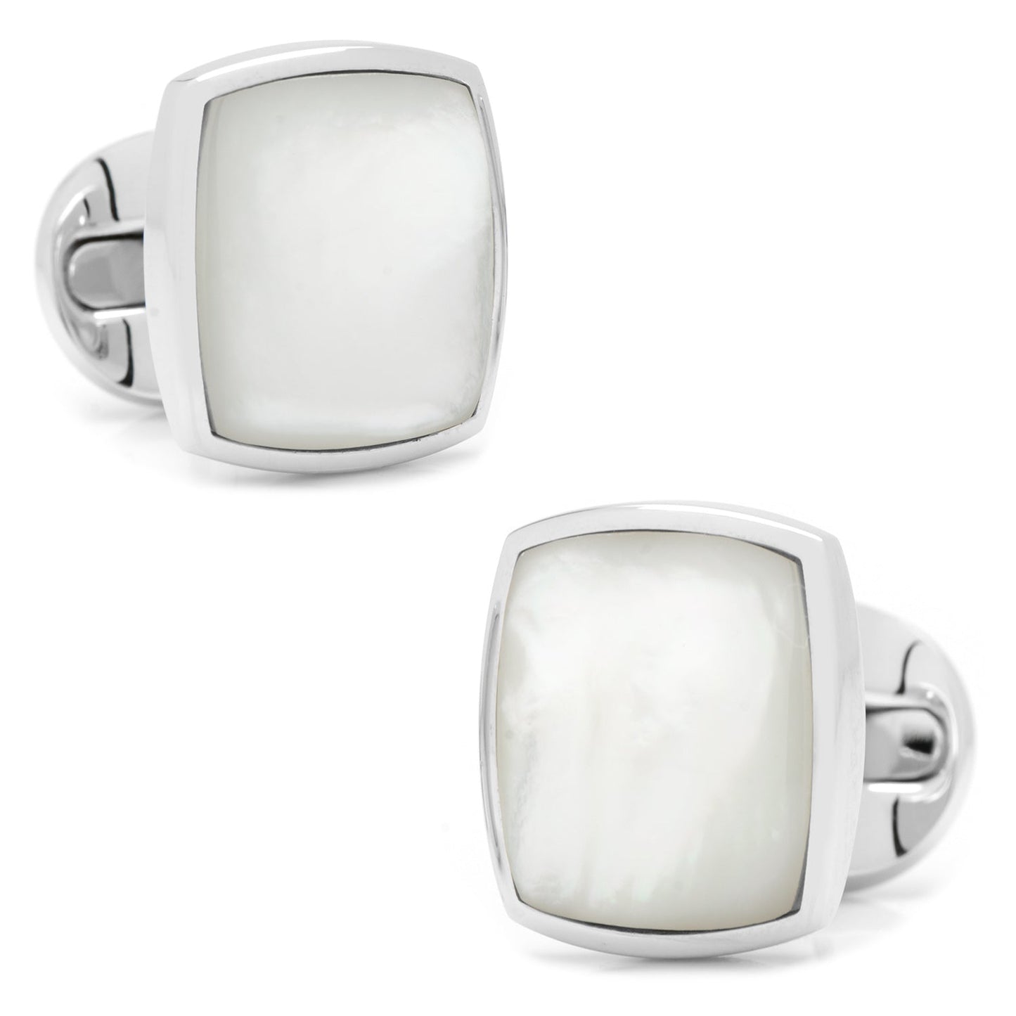 Sterling Silver Classic Cushion Mother of Pearl Cufflinks by Cufflinks.com, featuring white mother-of-pearl inlays and silver borders, displayed on a white background.